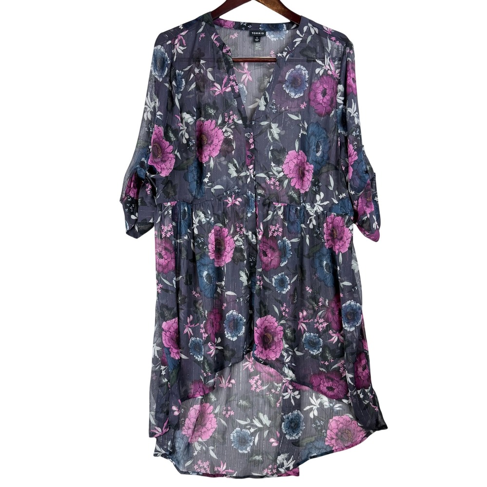 Torrid Tunic Top Womens 1 Gray Purple Floral Metallic High Low Boho Whimsigoth